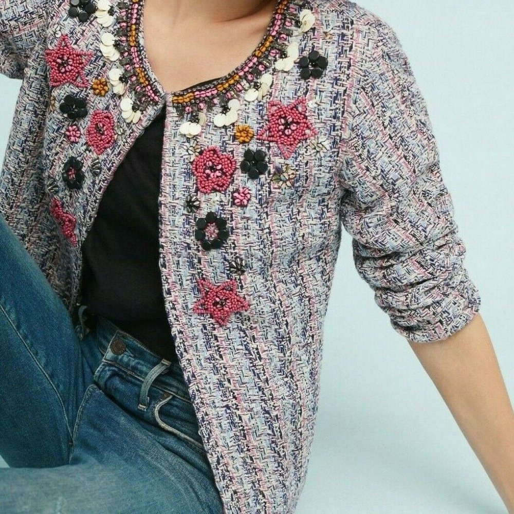 Anthropologie Beaded Floral Tweed Jacket